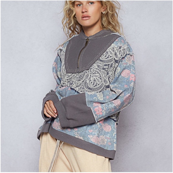 POL Floral Print Paisley Lace Half Zip Waffle Knit Long Sleeve Top - Picture 7 of 7